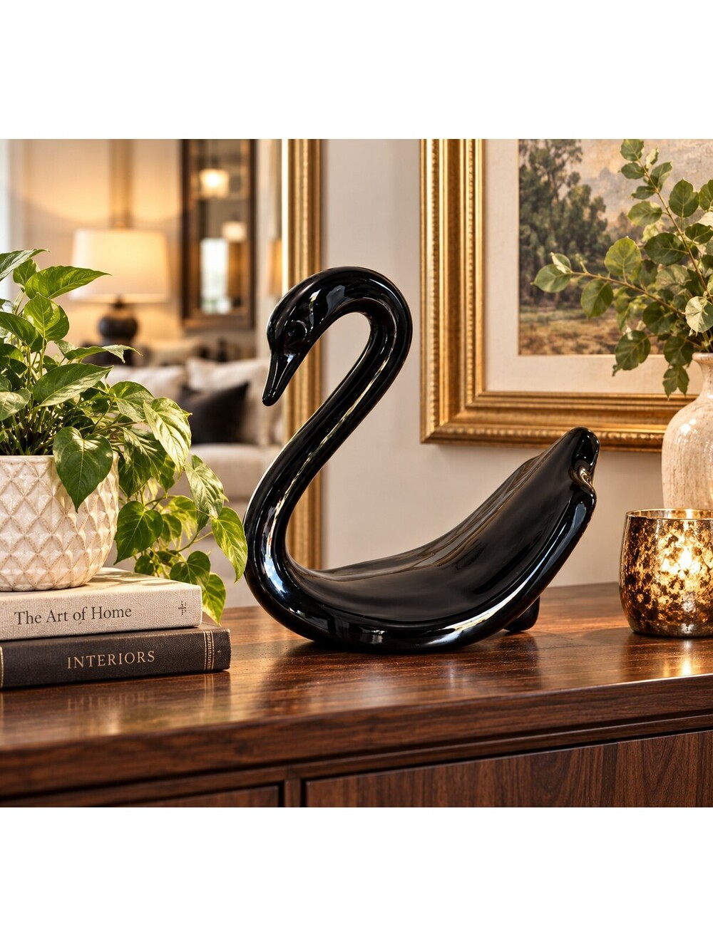 Black Ceramic Swan Shaped Decorative Bowl Figurine Abstract Modern Sculpture